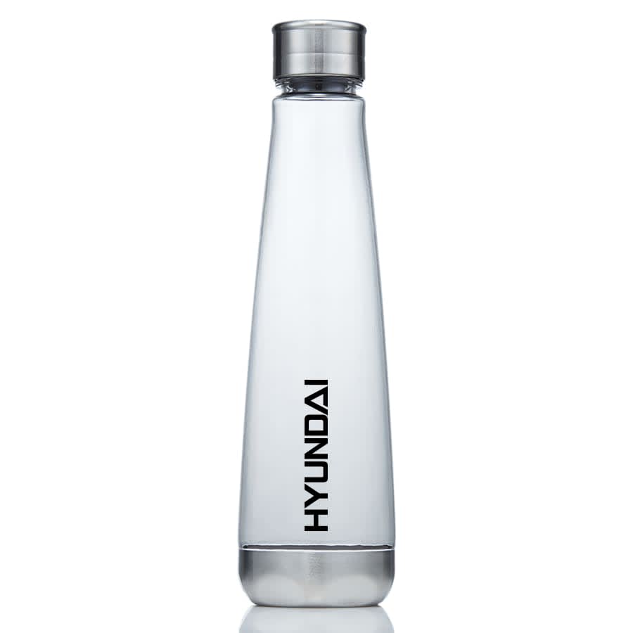 A drink bottle made of clear Tritan with a stainless steel cap and a branded logo on the side.