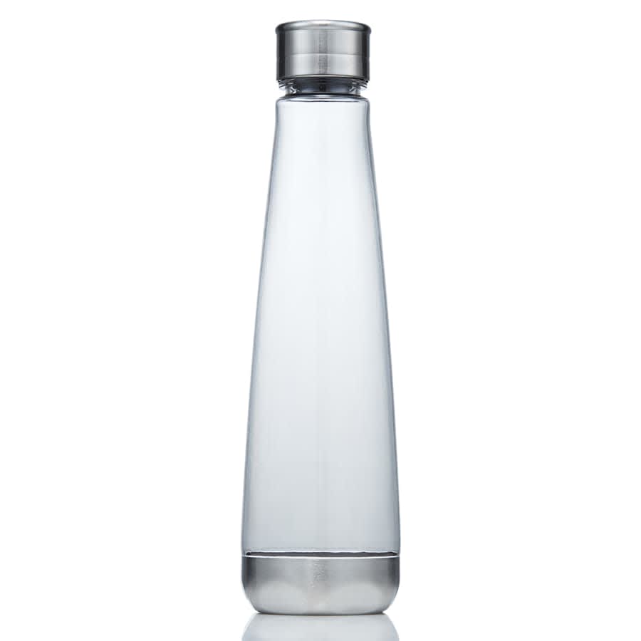 A drink bottle made of clear Tritan material with a silver stainless steel cap, featuring a sleek, modern design.