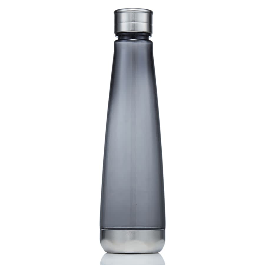 A drink bottle made of transparent grey Tritan, featuring a stainless steel lid and base, with a simple, sleek design.