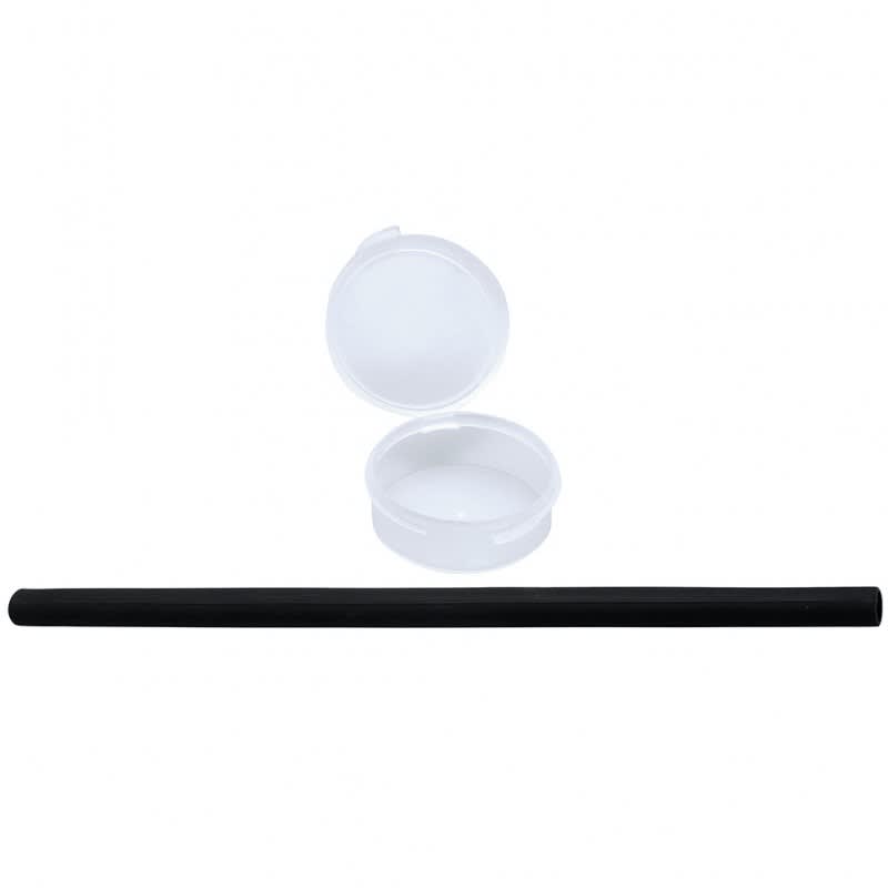 A black reusable silicone straw with a white carrying case. The straw is straight and features a smooth finish.