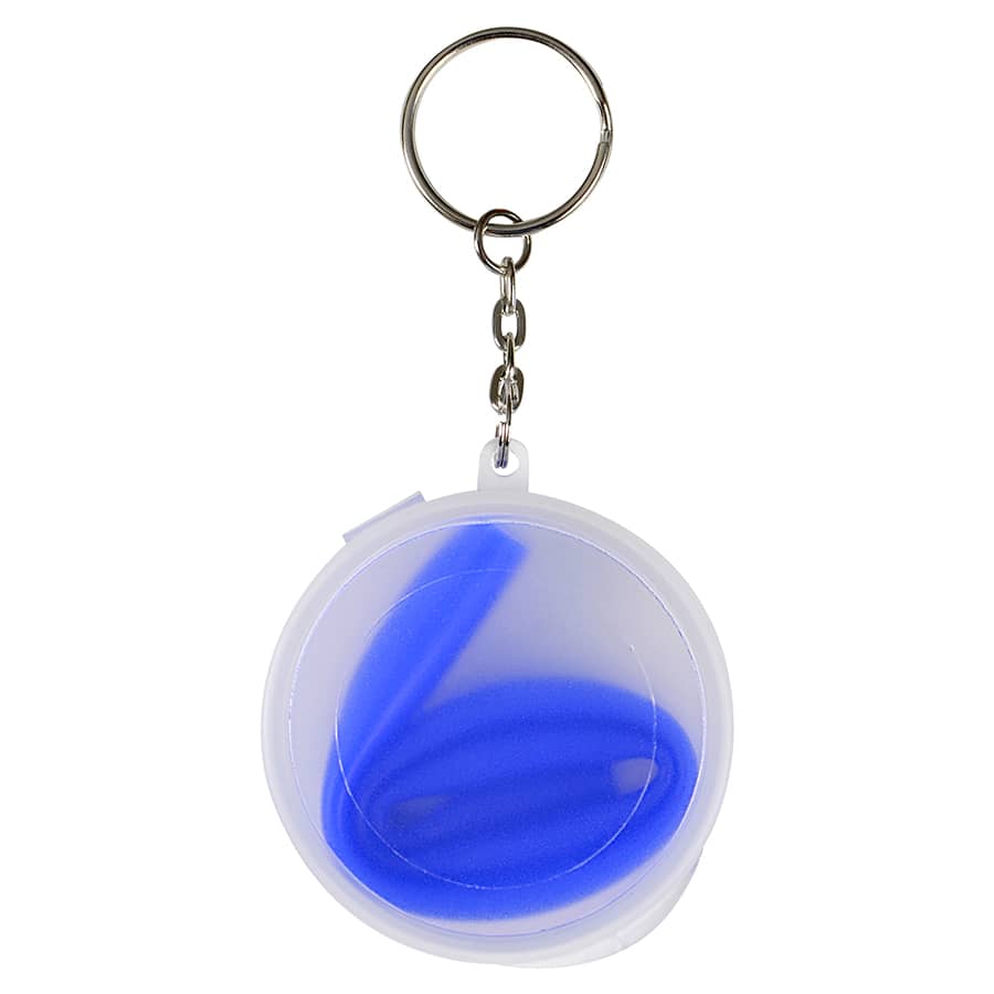 A compact case containing a blue reusable silicone straw, attached to a keychain.