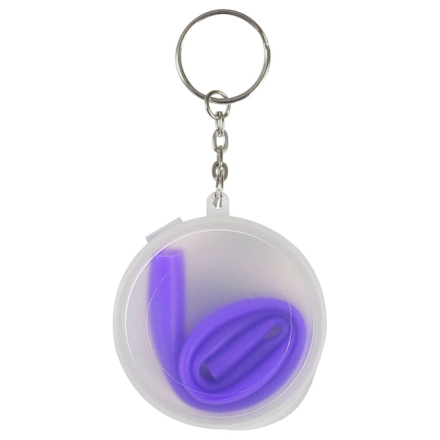 A purple reusable silicone straw coiled inside a clear case with a keychain attachment.