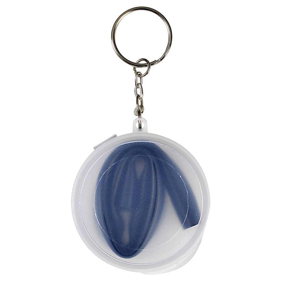 A keychain featuring a compact case containing a blue reusable silicone straw. The case is clear with a keyring attachment.