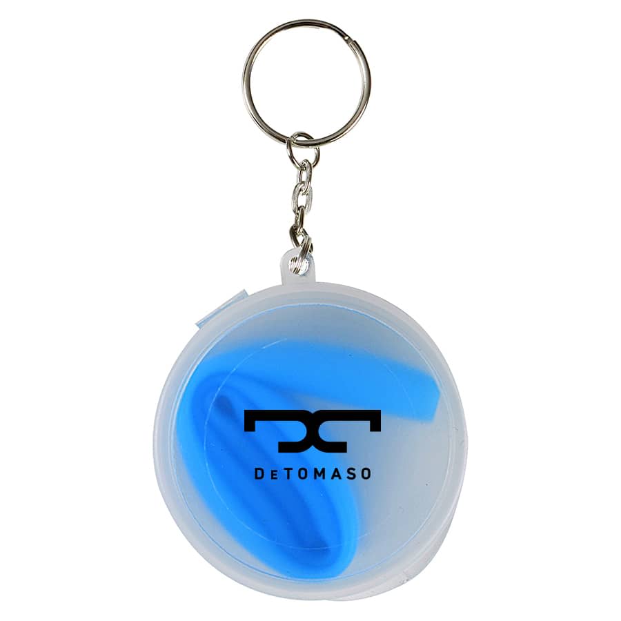 A keychain container with a translucent design holding a blue reusable silicone straw, featuring a logo.