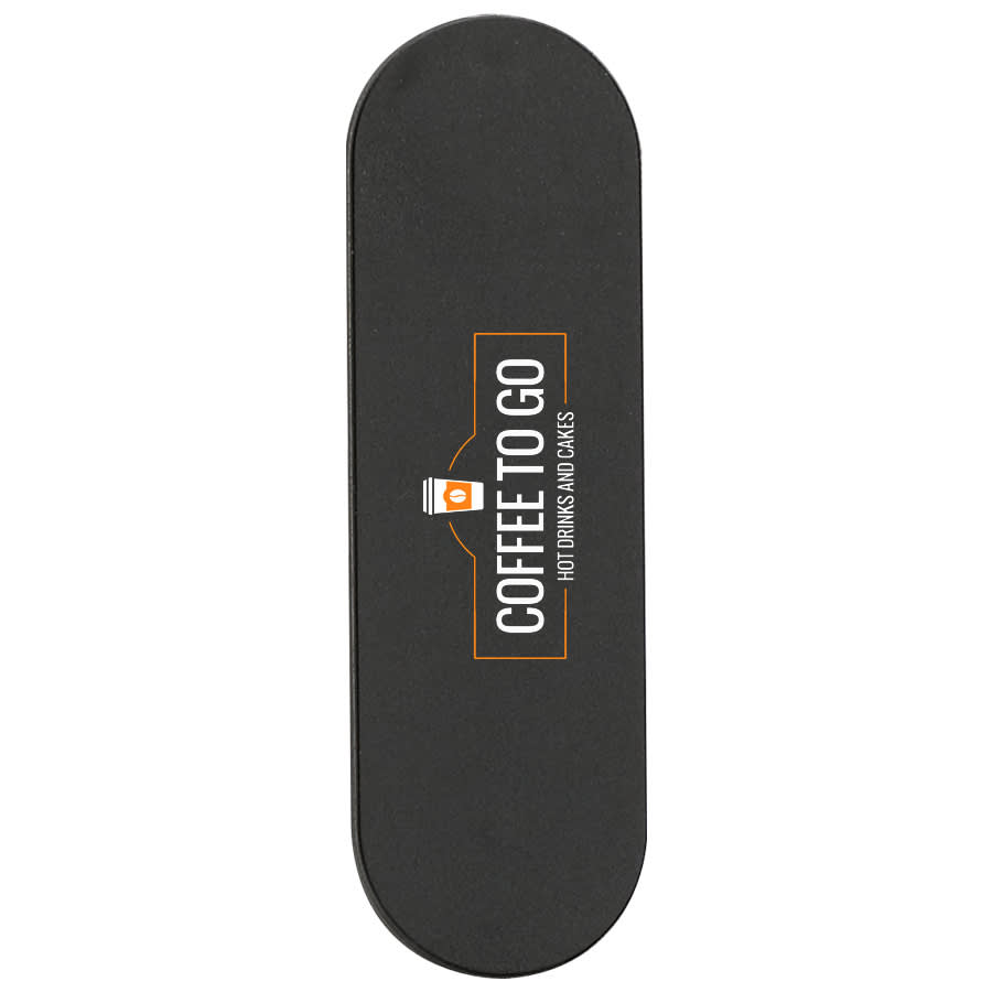 A black smartphone strap with an orange logo and text, designed for holding phones securely.