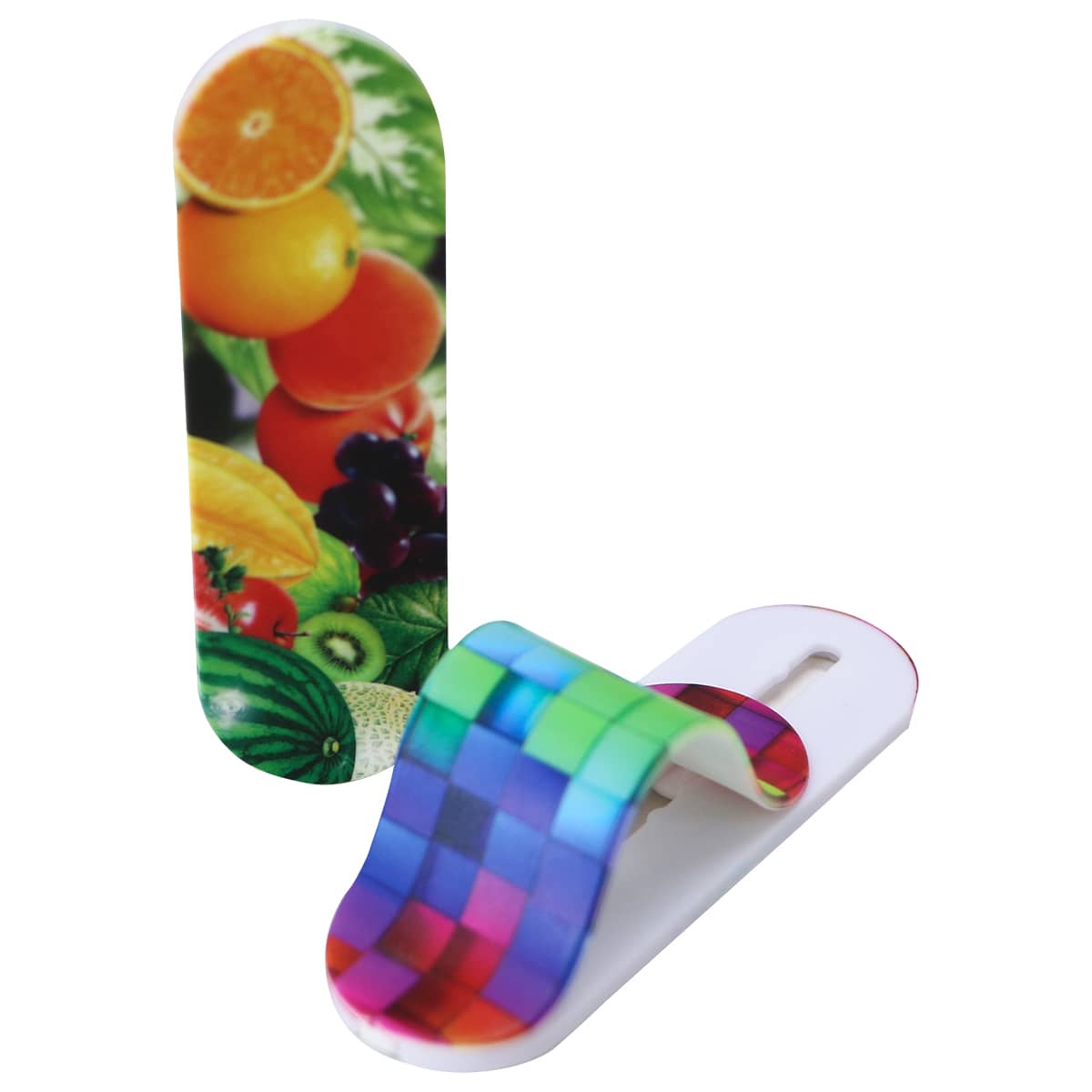 A vibrant, multicoloured smartphone strap features a fruit design on one side and a checkerboard pattern on the other.