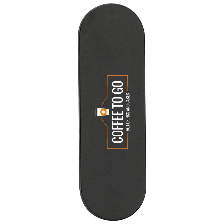 A black smartphone strap with a logo and text promoting 