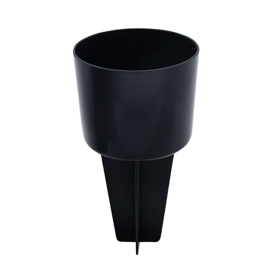 A black drink bottle holder with a pointed base for securing it into the ground. It features a smooth finish and a branded logo.