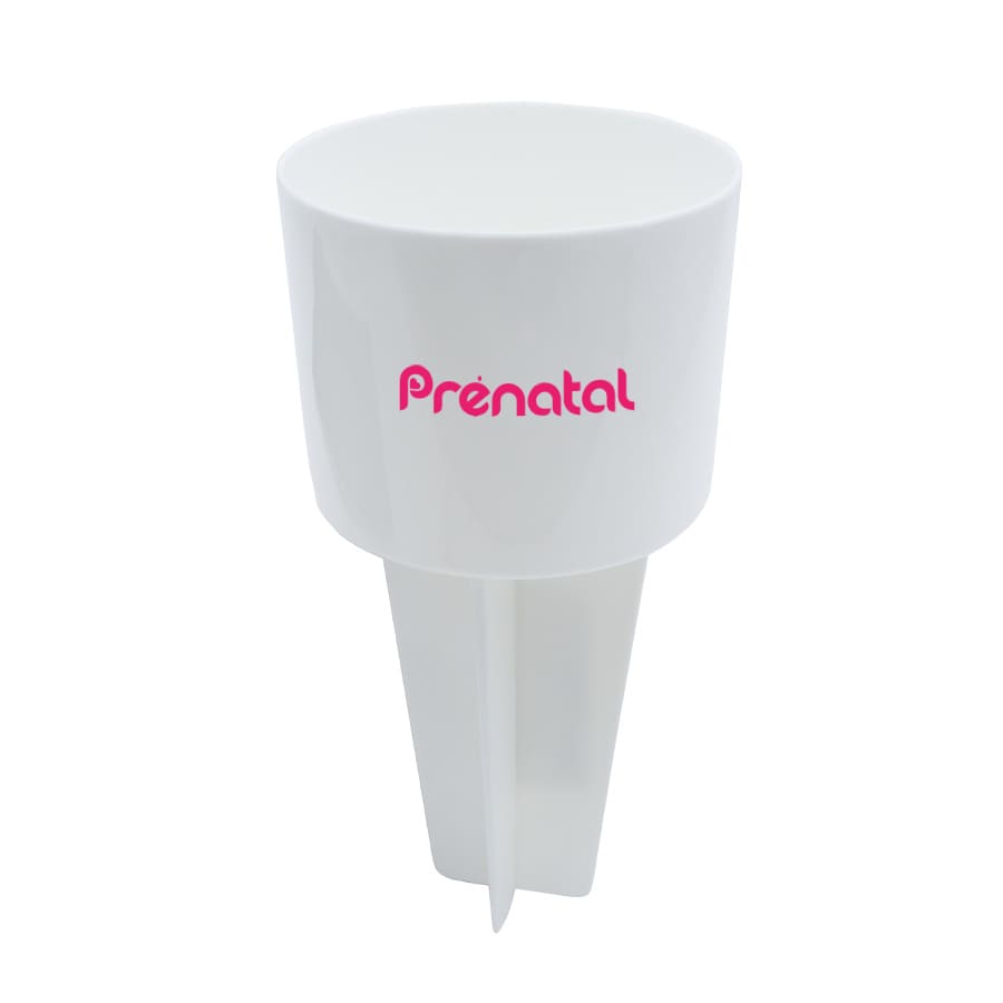 A white sand spike with a pointed base and a wide top, featuring a pink logo.