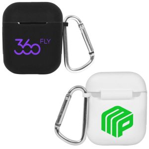 A black and a white earbud case with carabiners, featuring different logos on each.