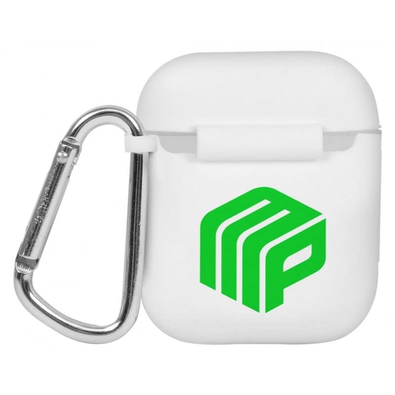 A white earbud case with a green logo and an attached silver carabiner.