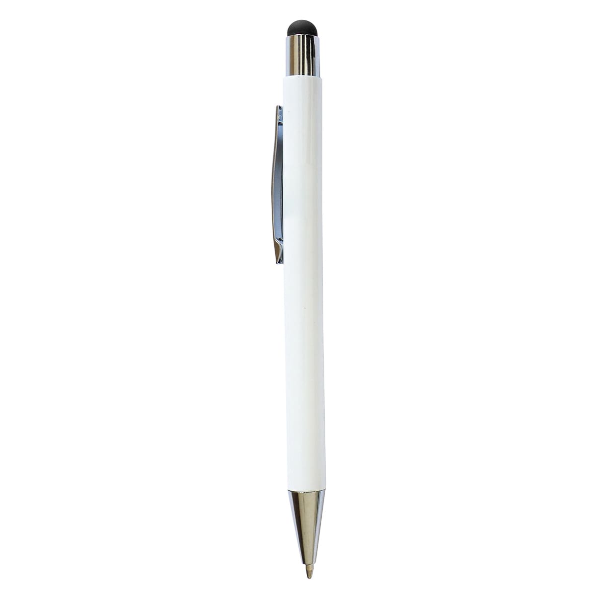 A white stylus pen with a chrome tip and clip, featuring a black stylus on the end.