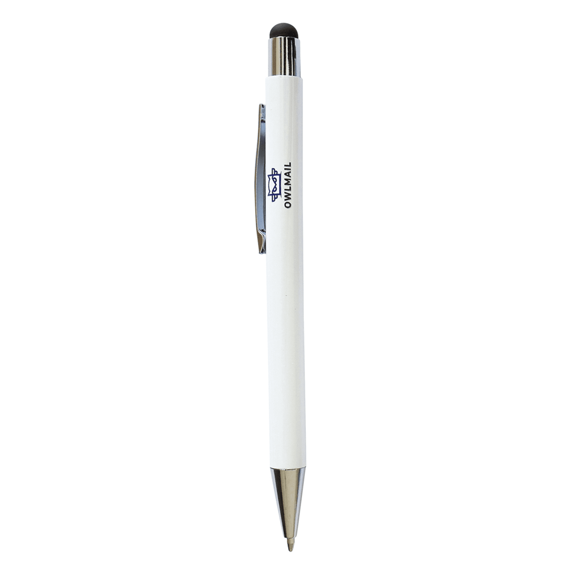 A white stylus pen with a silver tip and a black rubberised touch point, featuring a branding logo.