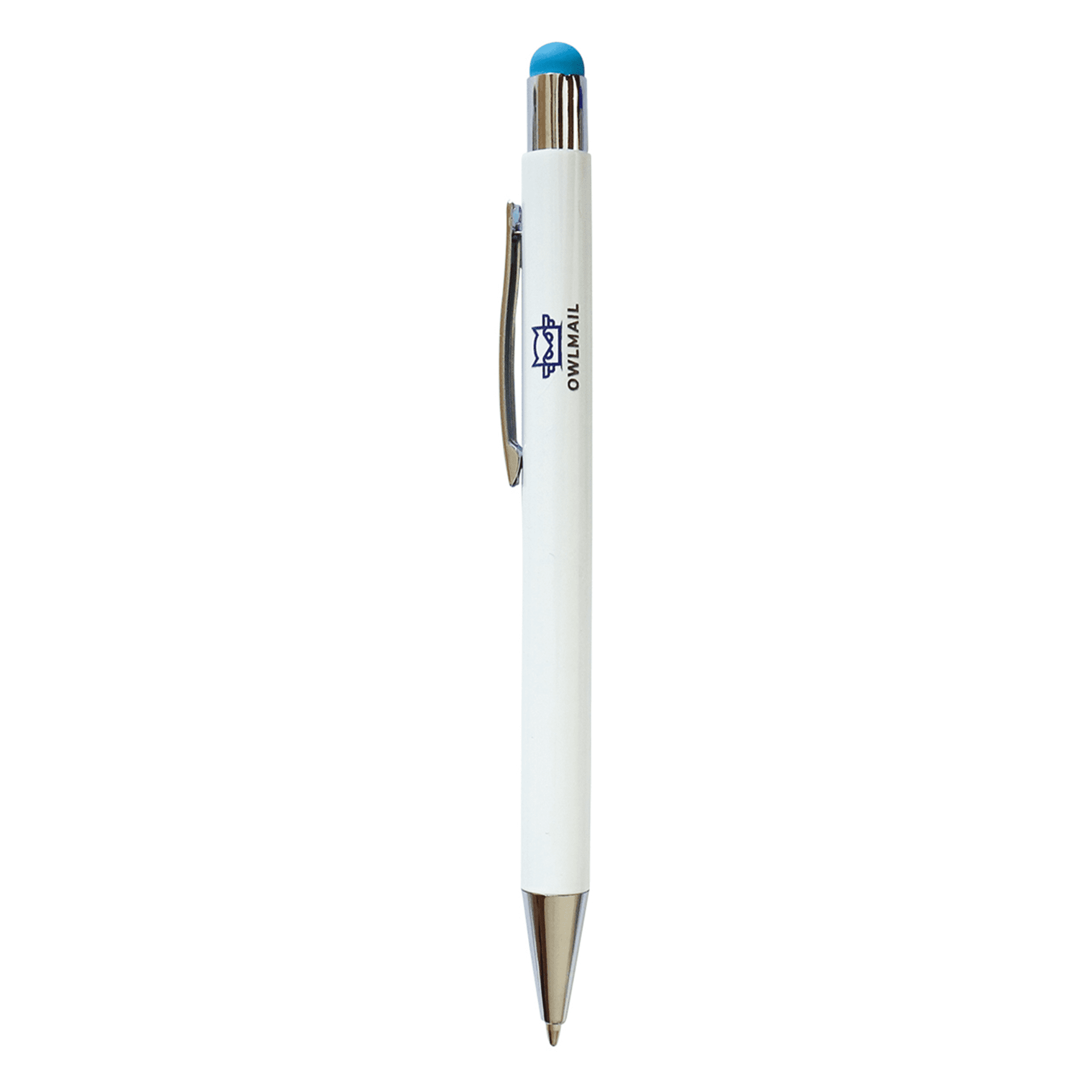 A white stylus pen with a blue tip and a silver clip, featuring a branding logo.