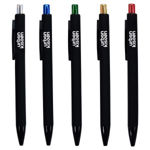 A set of five plastic pens in black with silver, blue, green, gold, and red ink, featuring a logo.