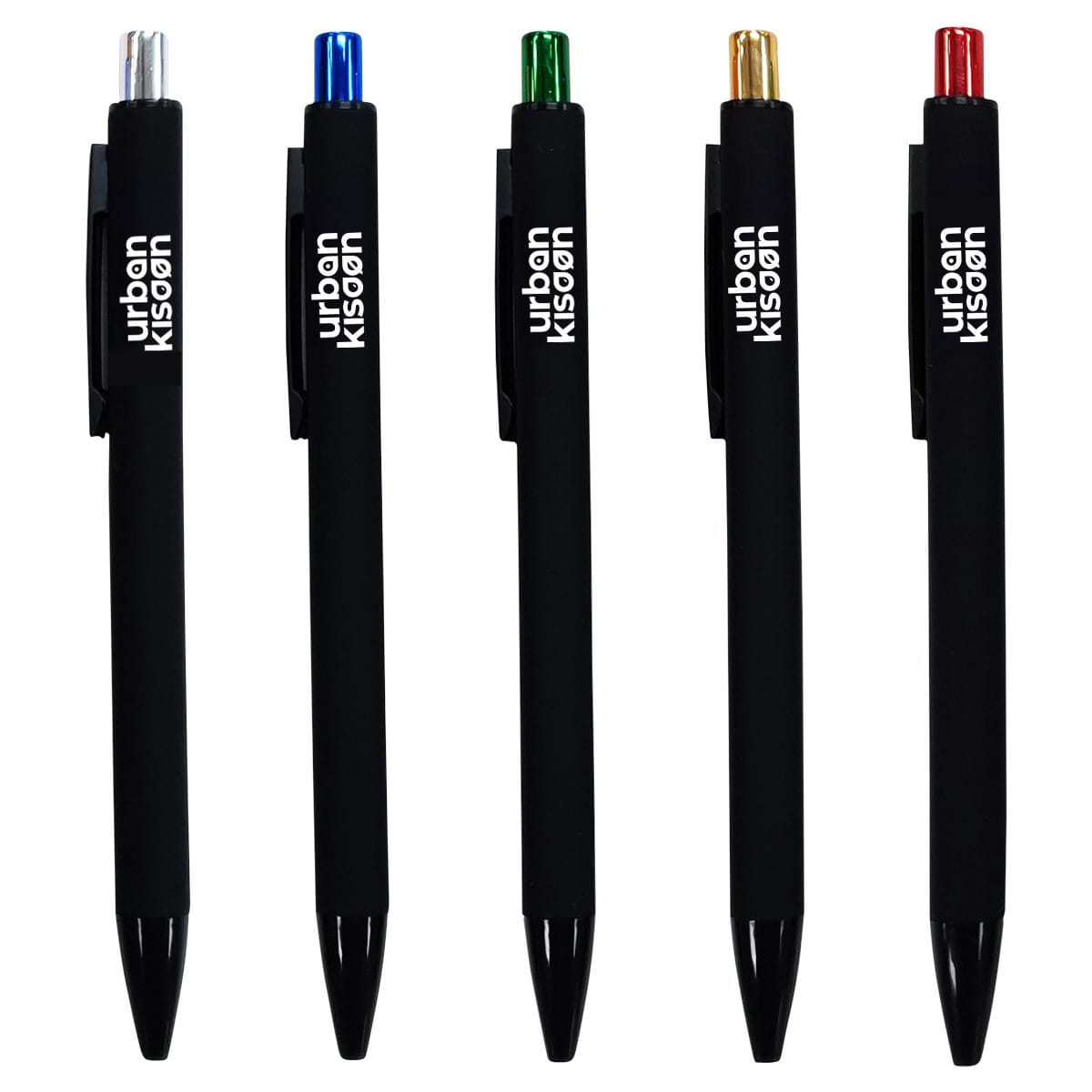 A set of five plastic pens in black with silver, blue, green, gold, and red ink, featuring a logo.