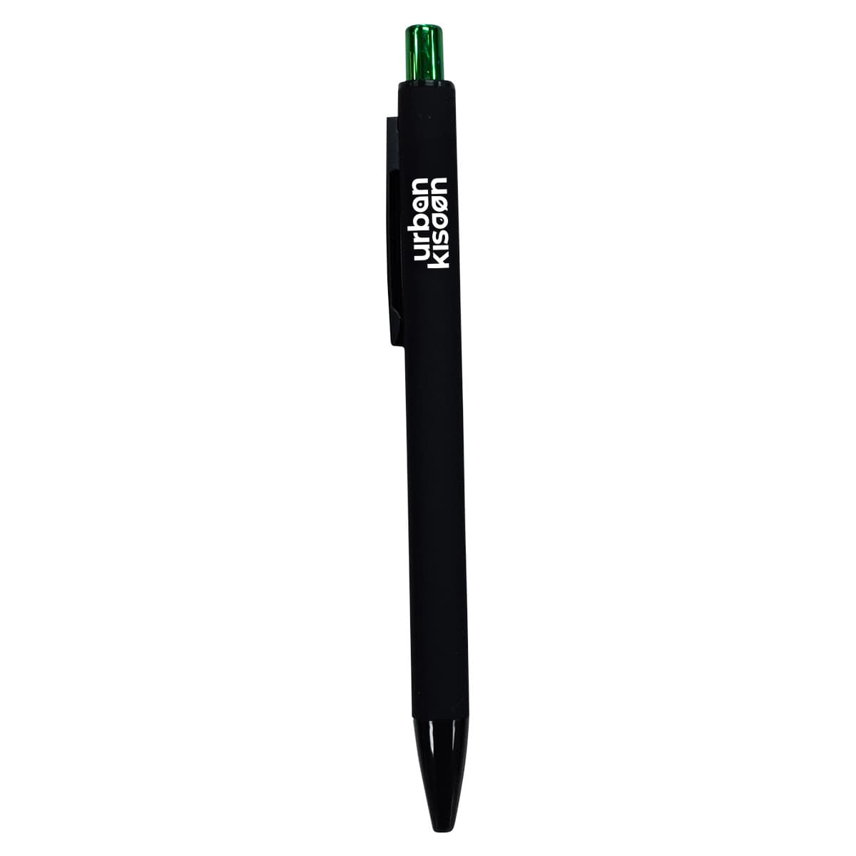 A black plastic pen with a green top and a logo on the barrel.