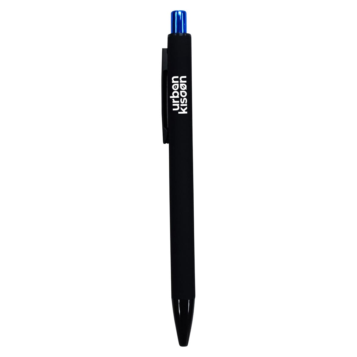 A black plastic pen with a blue tip and a clip. It features a logo on the barrel.