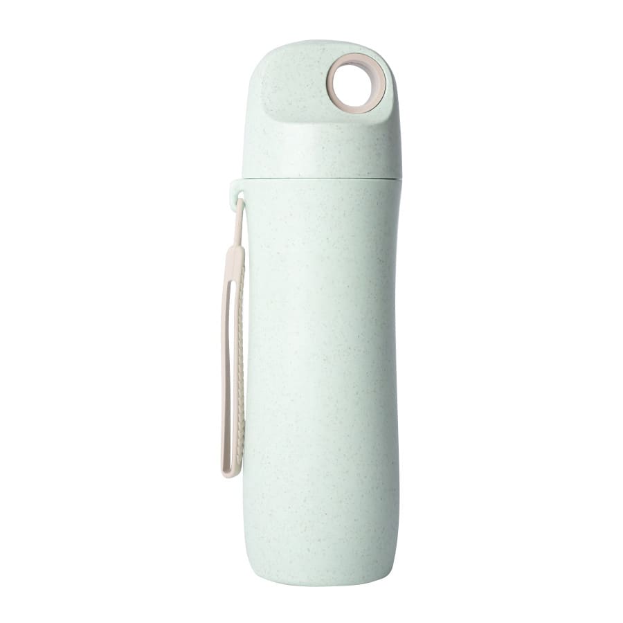 A drink bottle in pastel green made from wheat straw, featuring a logo and a carrying strap.