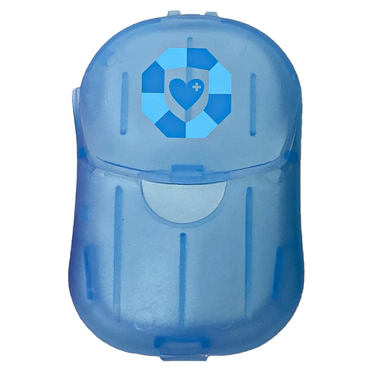 A blue promotional product featuring a compact design and a logo on the front.