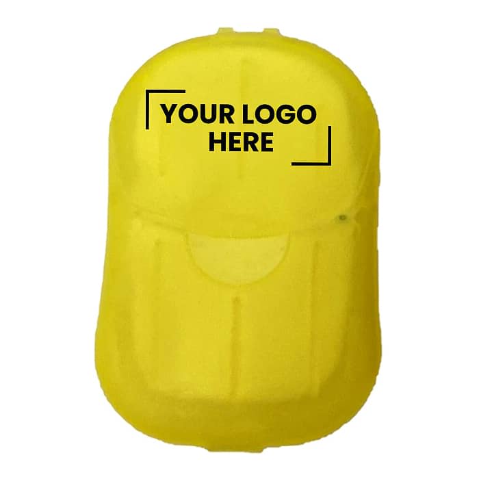 A drink bottle in bright yellow with a rounded shape and a logo area on the front.