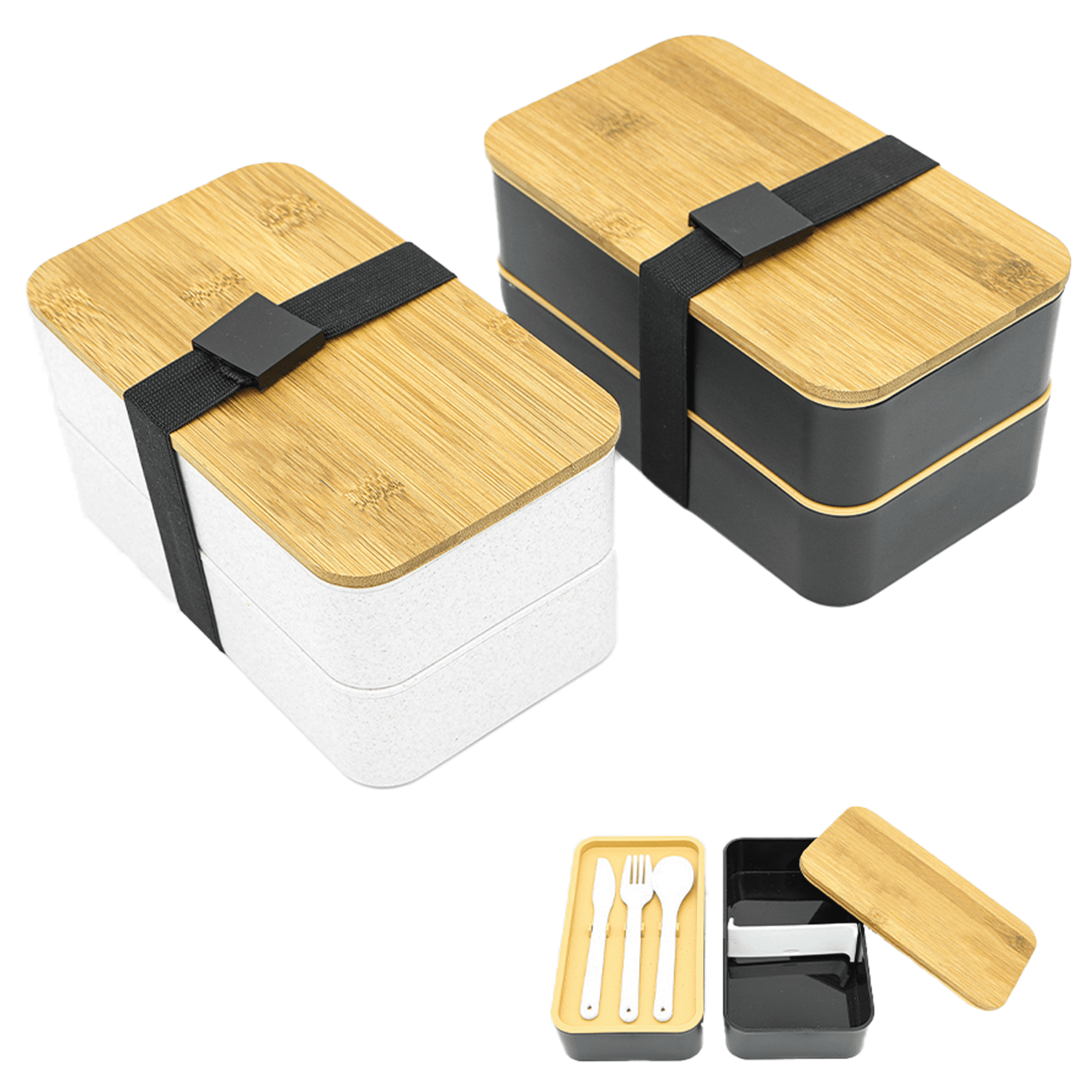 Two-layer lunch box in white and black with a bamboo lid and a black strap; includes utensils inside the black section.