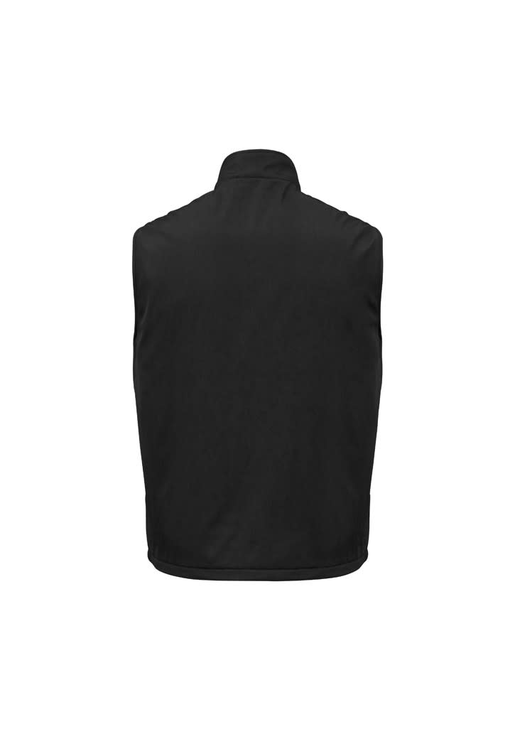 A unisex reversible fleece vest in black, featuring a simple design and a logo on the back.