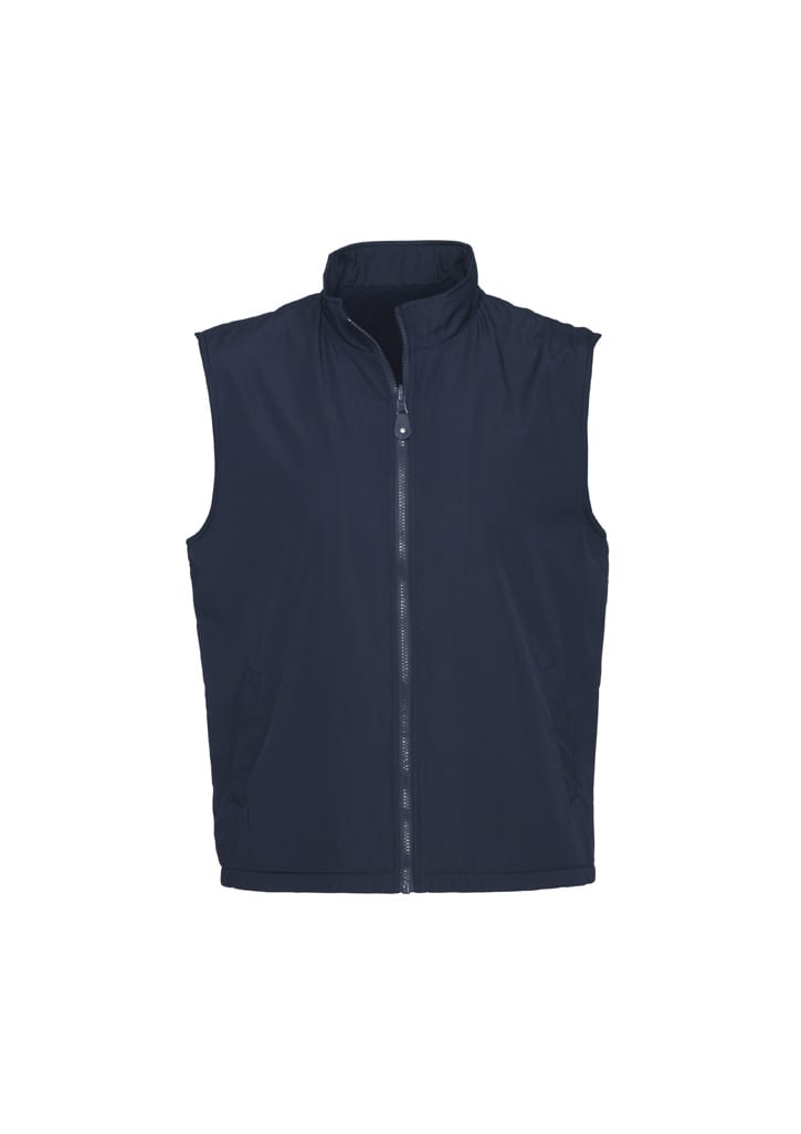 A unisex reversible fleece vest in navy blue featuring a front zipper and no sleeves. Includes a logo.