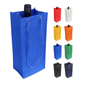 A drink bottle bag in blue, featuring a handle and a logo, displayed alongside bags in various colours, including red, white, and green.