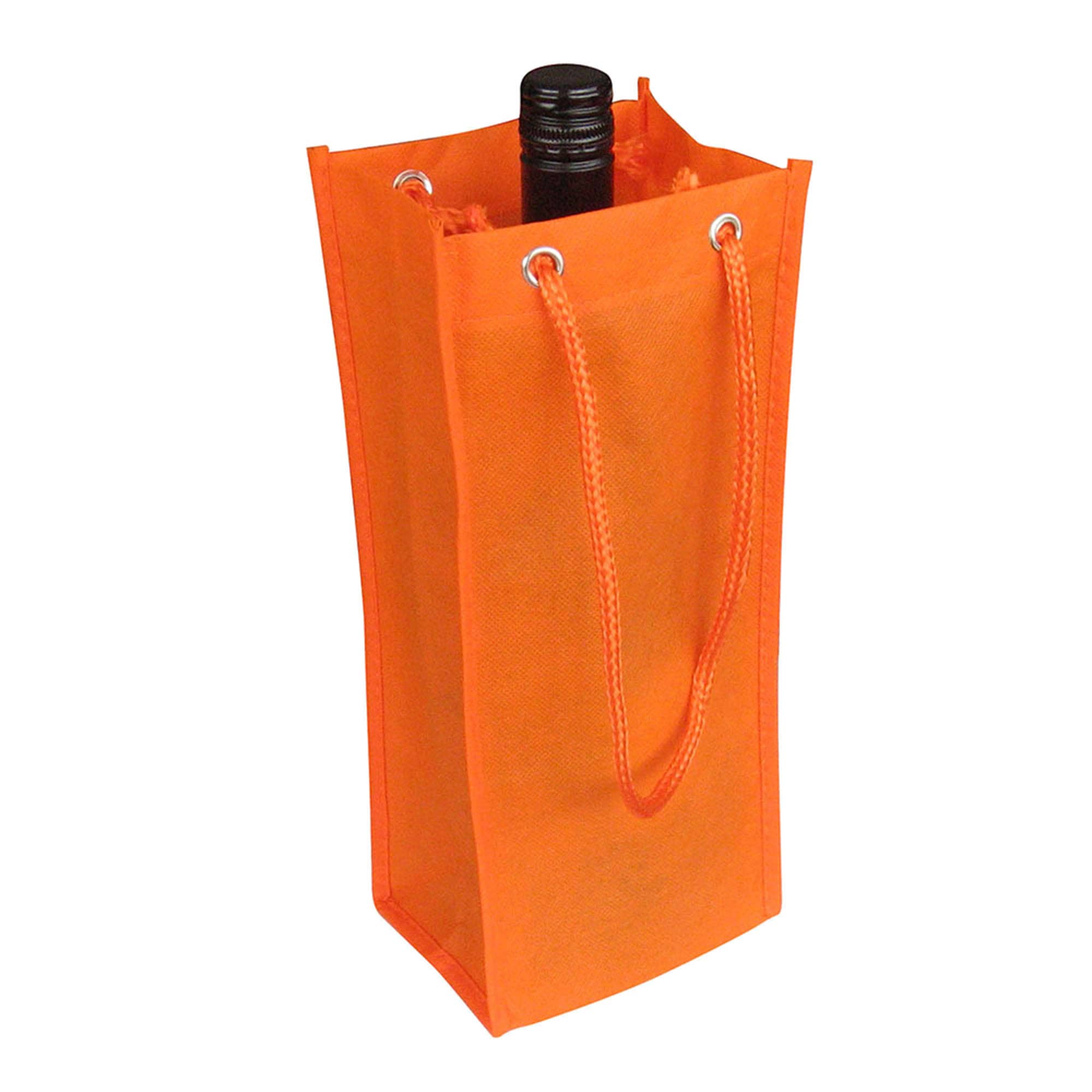 An orange non-woven single bottle bag with a drink bottle inside and a matching drawstring handle.