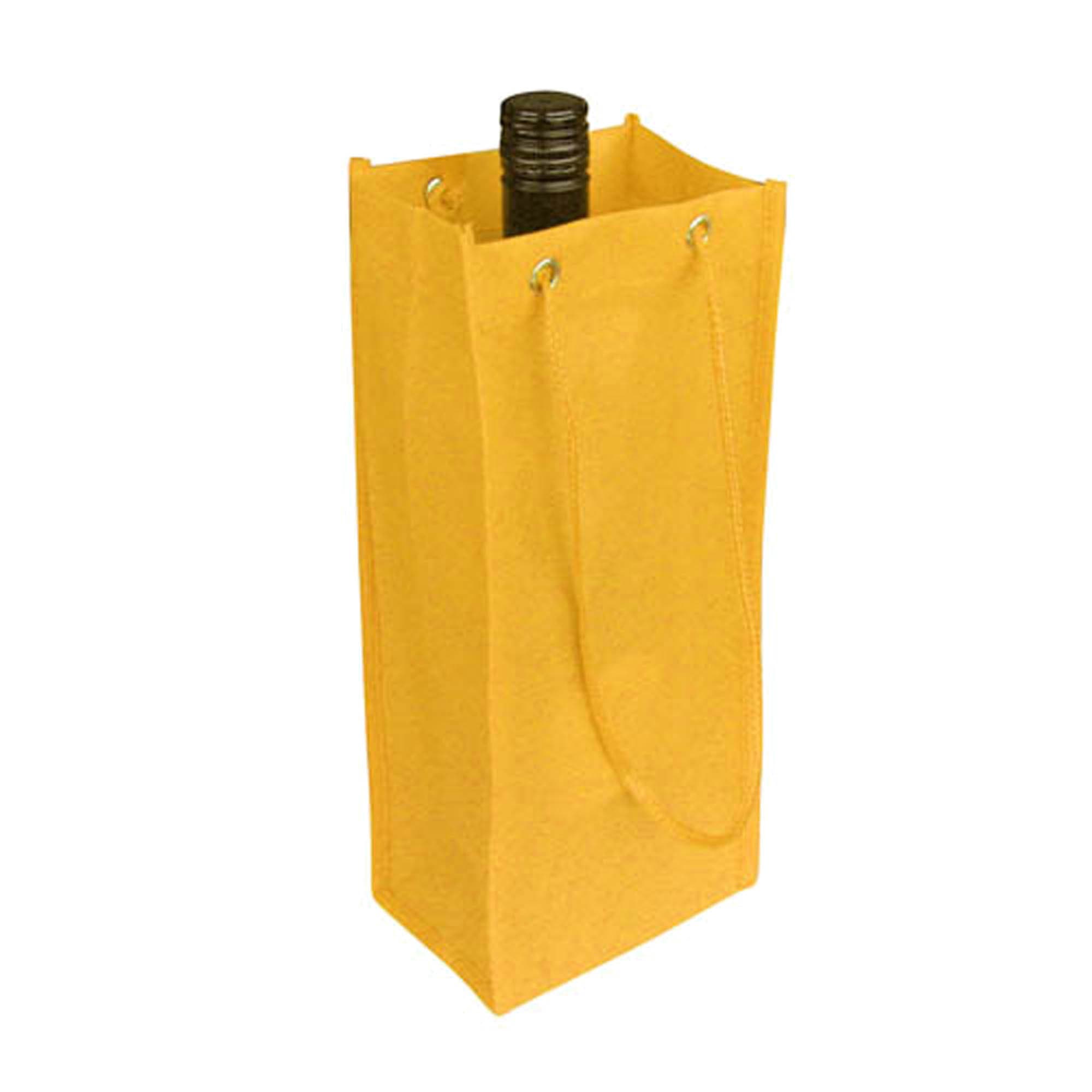A drink bottle bag in bright yellow, featuring a handle and a logo. Ideal for single bottle storage.