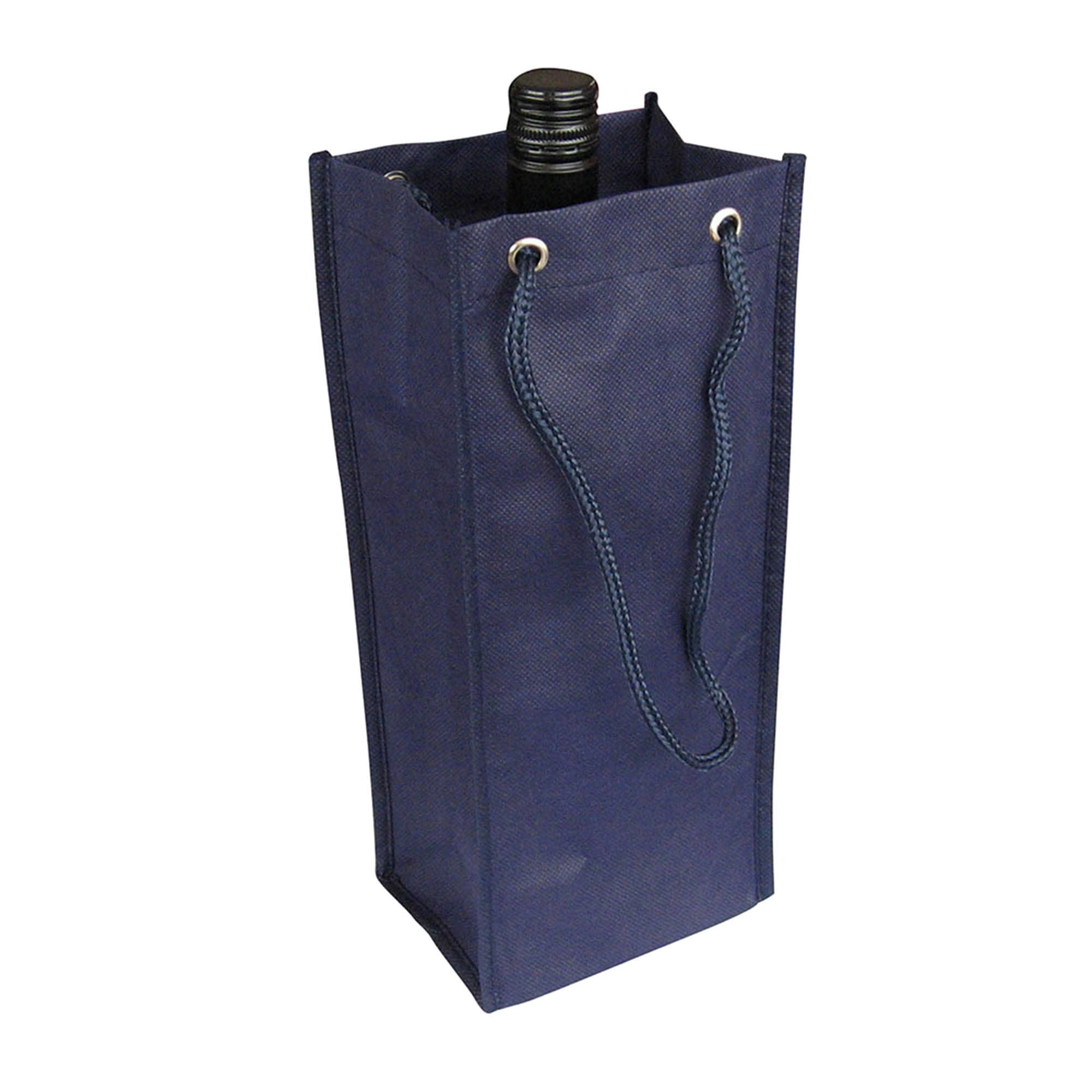 A drink bottle sits in a navy non-woven single bottle bag with a drawstring handle and a structured design.