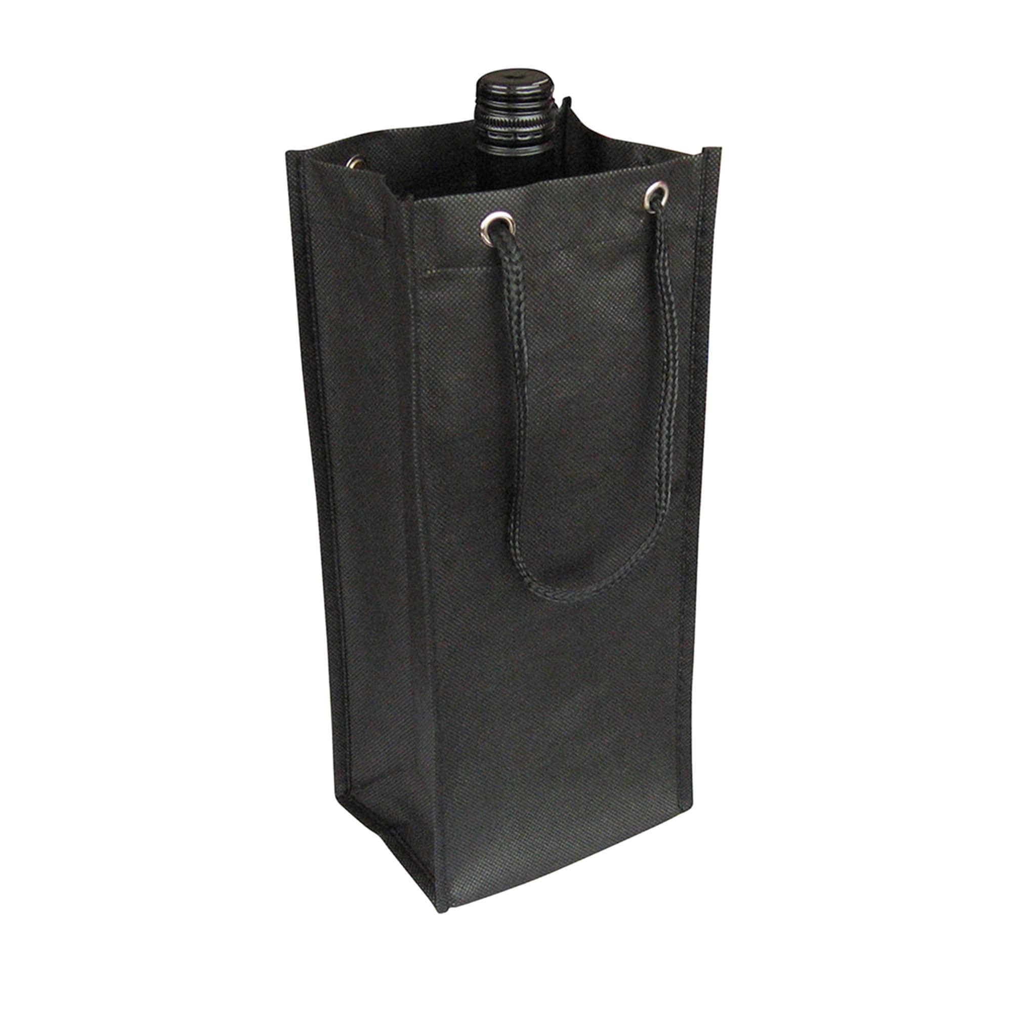 A drink bottle is housed in a black non-woven single bottle bag with handles and a reinforced base.