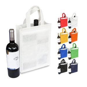 A drink bottle bag in white, designed to hold two bottles, features various bag colours displayed alongside.