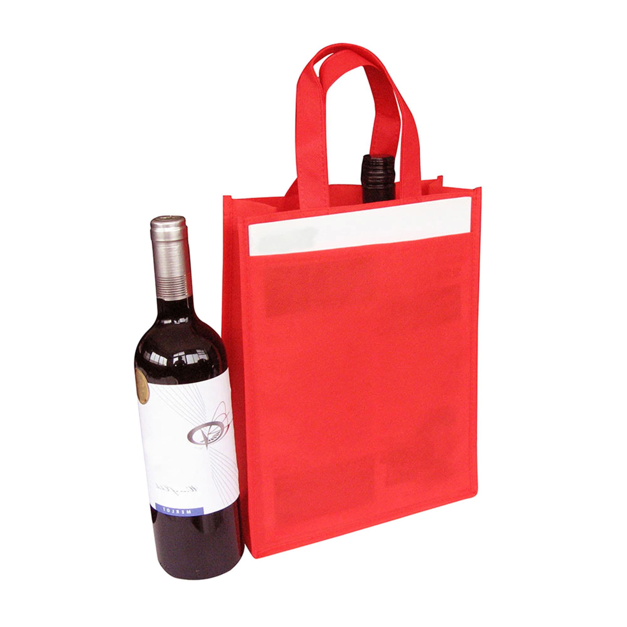 A drink bottle bag in red, designed to hold two bottles, with a logo on the front and sturdy handles.