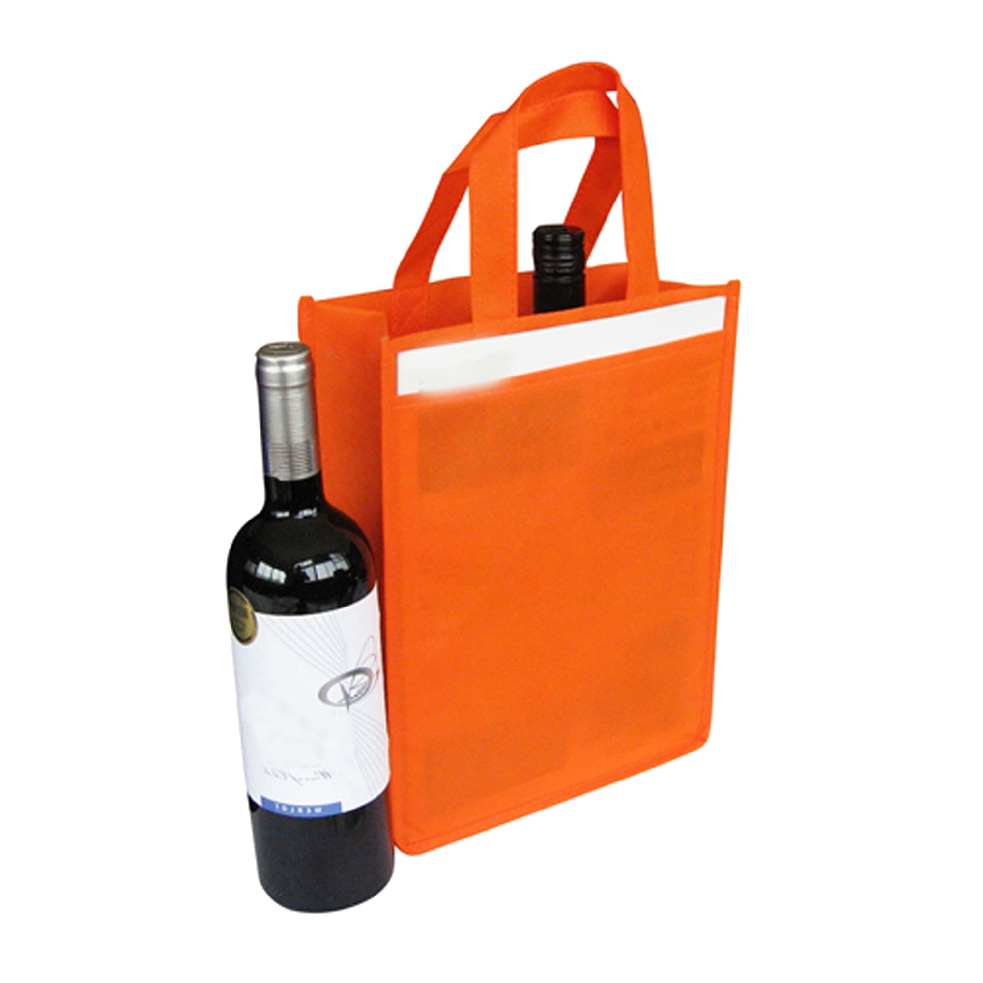 A drink bottle bag in vibrant orange, designed to hold two bottles, with sturdy handles and a logo on the front.