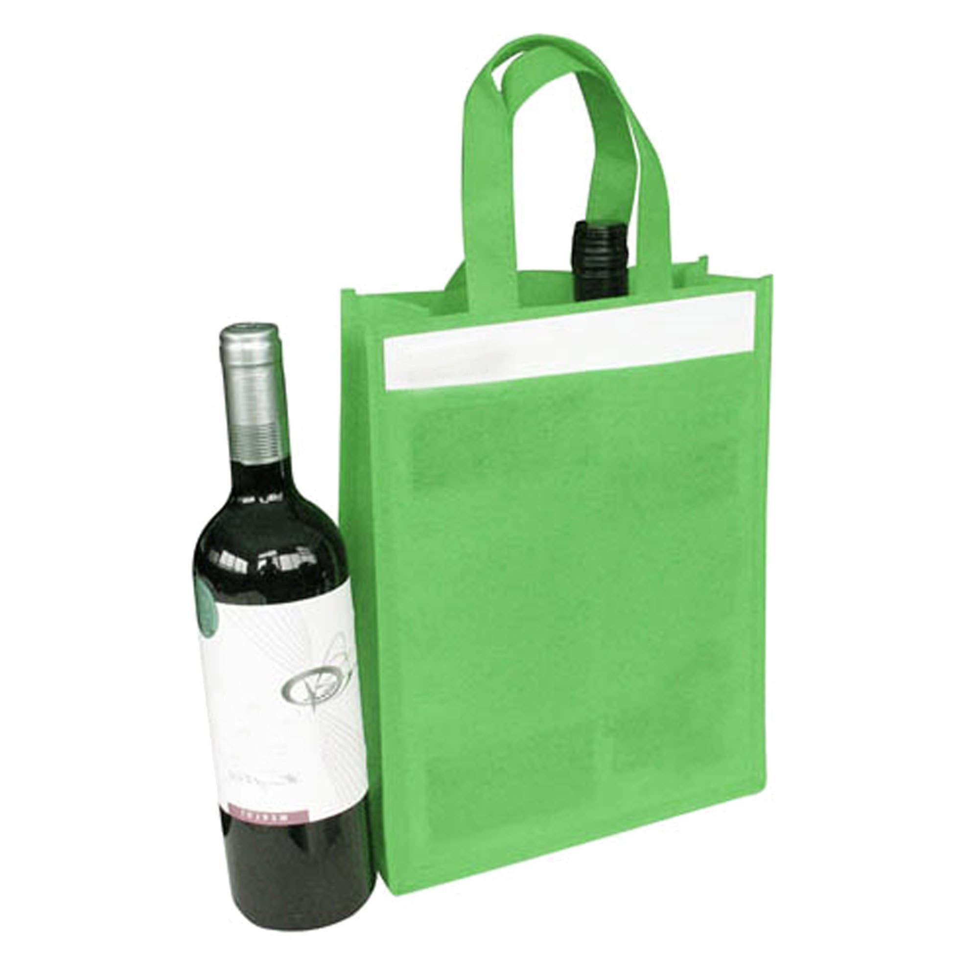 A drink bottle bag in vibrant green, designed to hold two bottles, with sturdy handles and a logo.