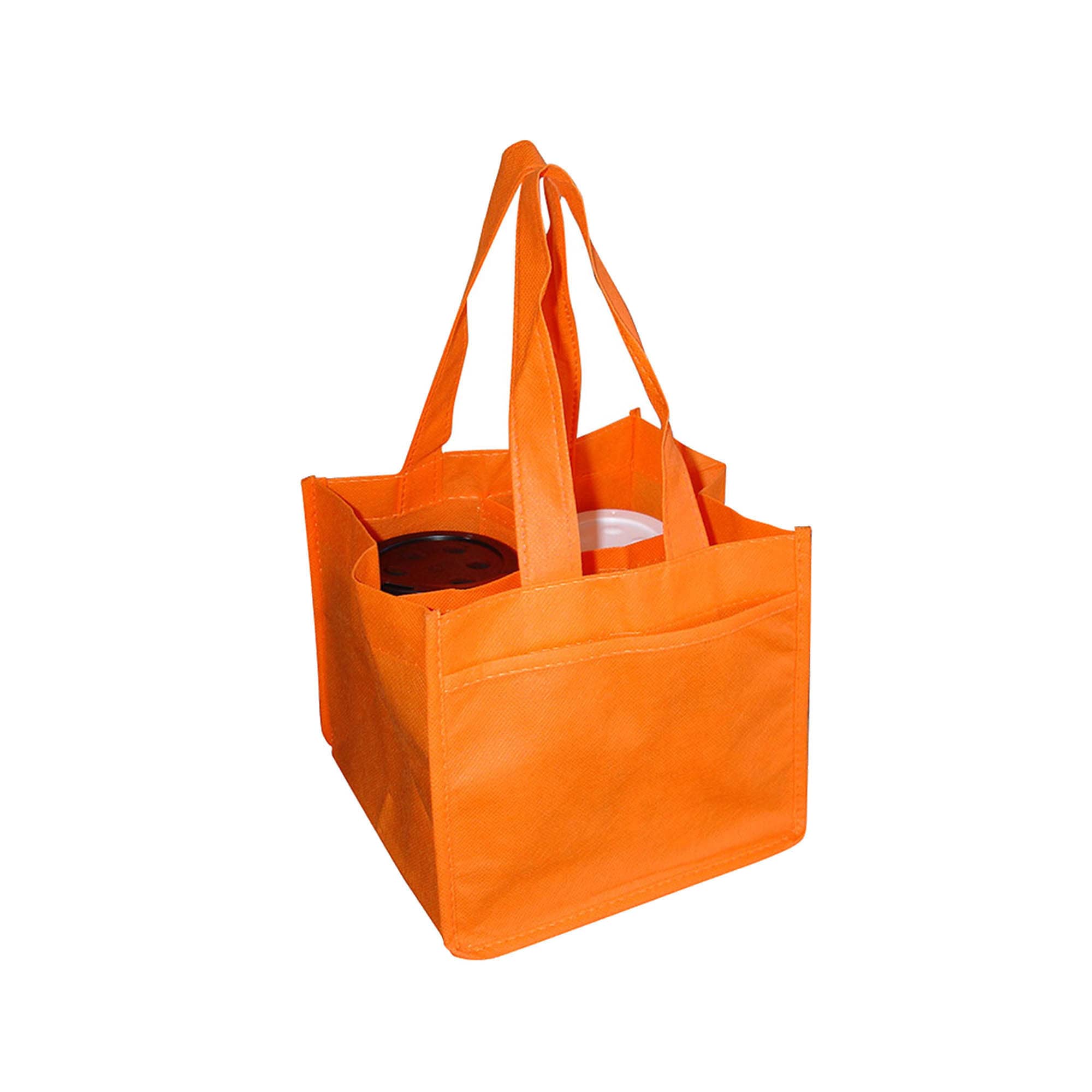 An orange non-woven bag designed to hold four coffee cups, featuring sturdy handles and a branding logo.