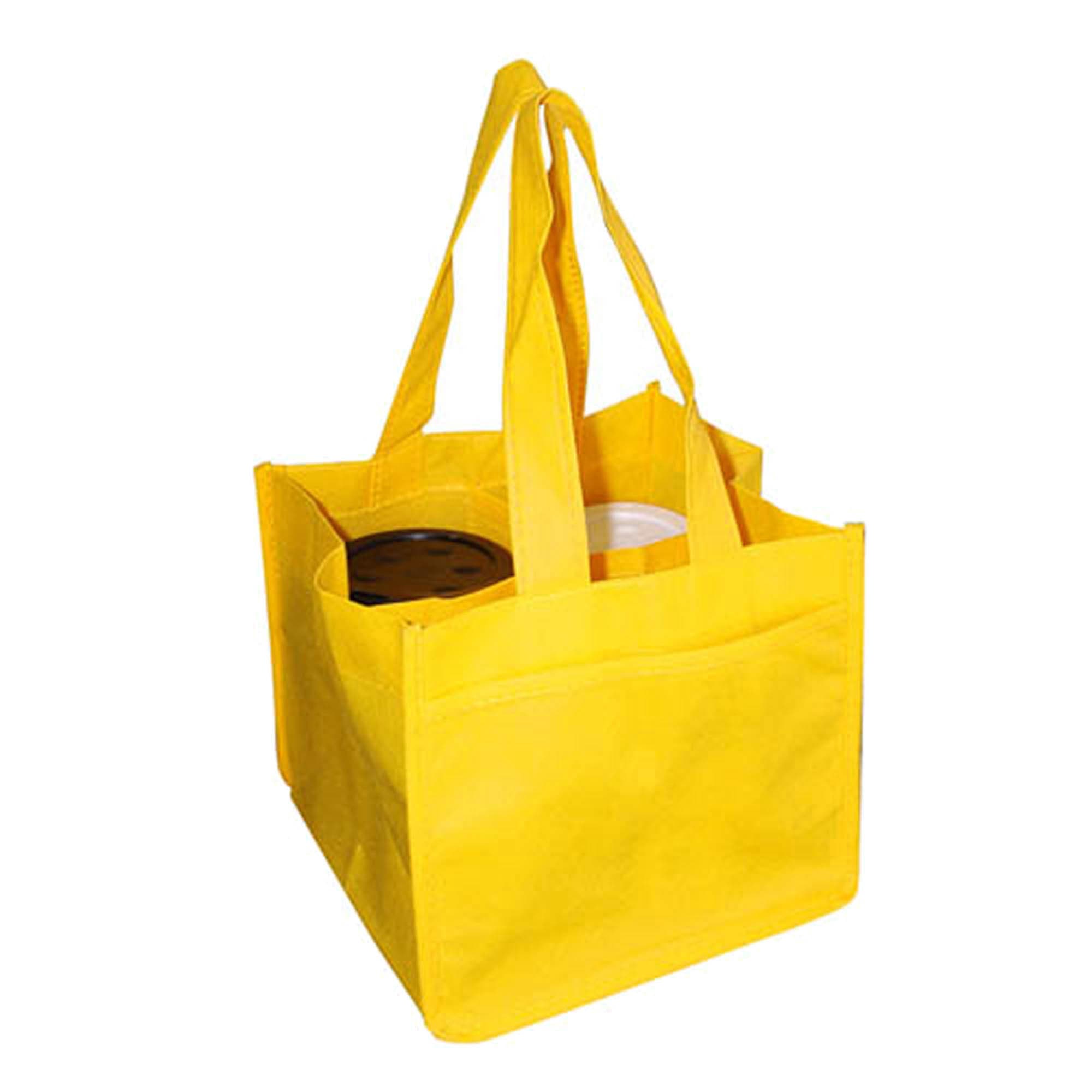 A yellow non-woven bag designed to hold four coffee cups, featuring sturdy handles and a simple design.