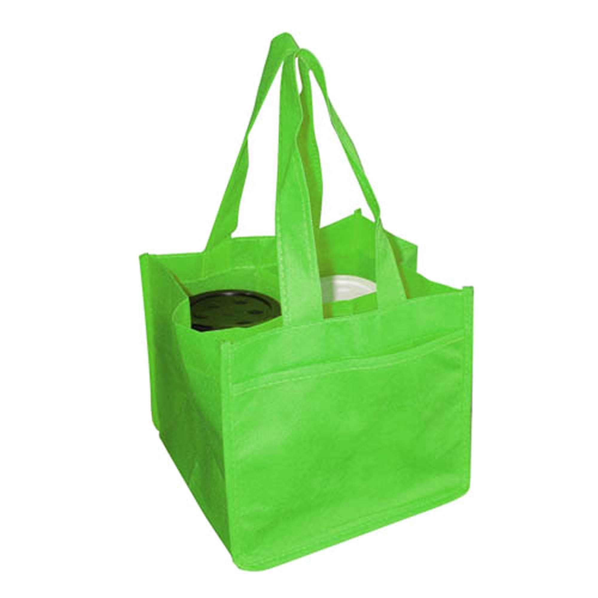 A green non-woven bag designed to hold four coffee cups, featuring sturdy handles and a logo.