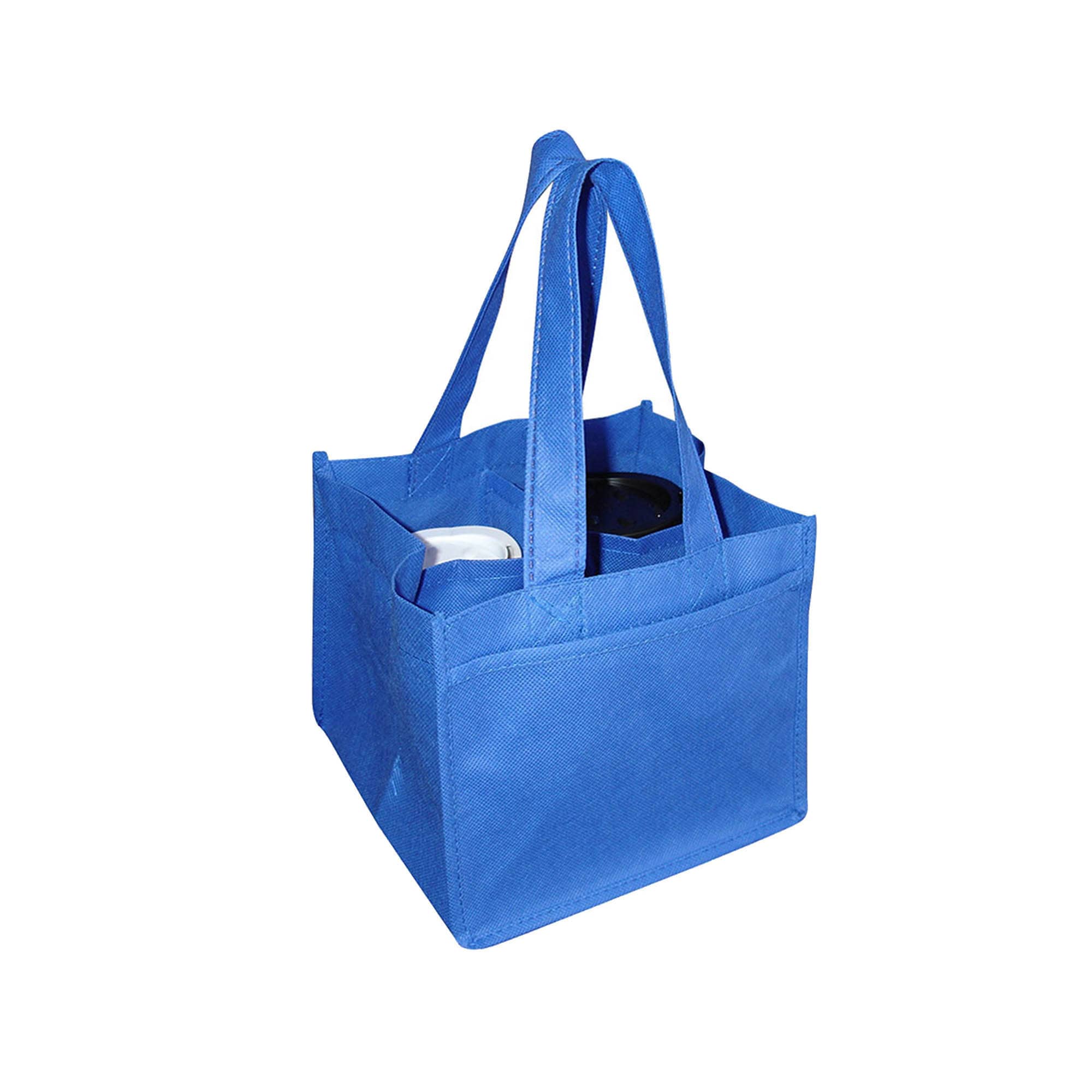 A blue non-woven bag designed to hold four coffee cups, featuring two sturdy handles and a compartmentalised interior.