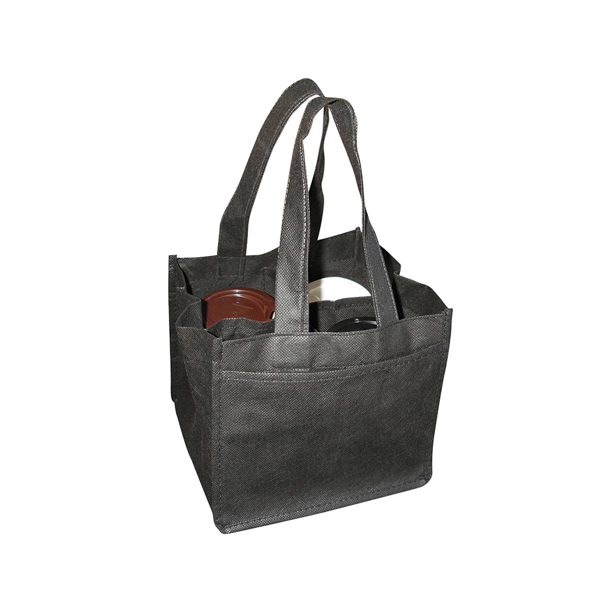 A black non-woven bag designed to hold four coffee cups, featuring sturdy handles and a simple design.