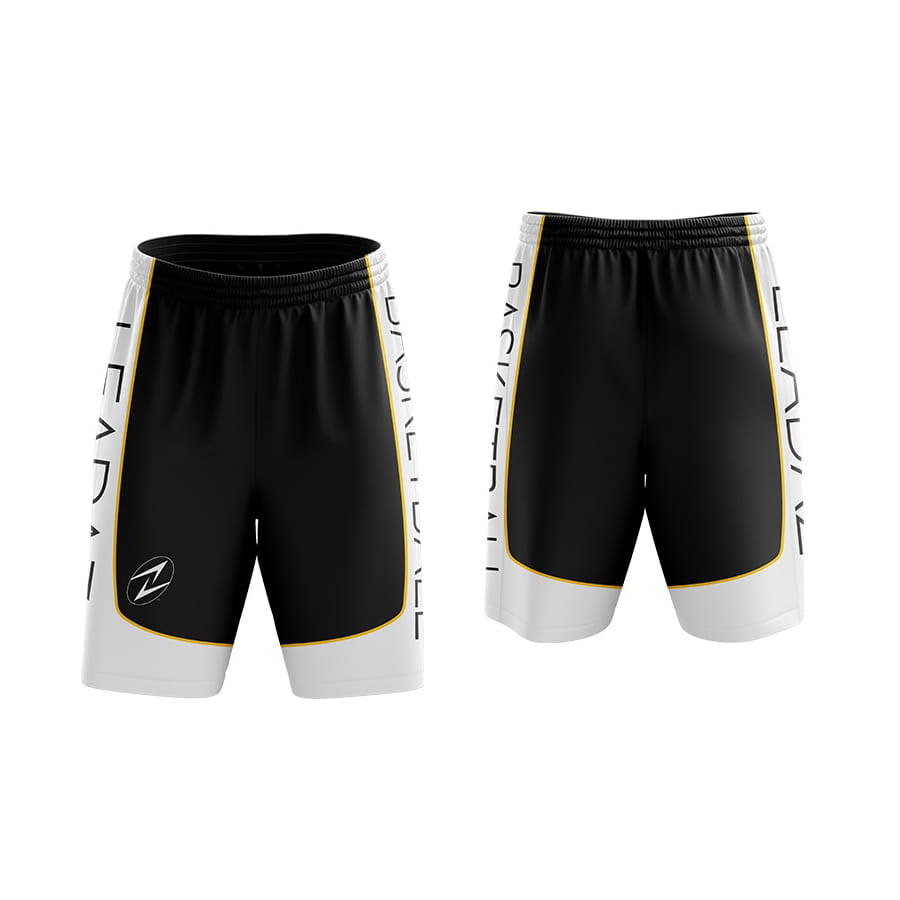 Basketball shorts in black with white and yellow accents, featuring a logo on the side.