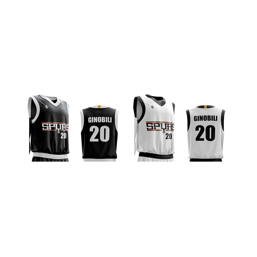 Reversible singlet featuring a black and white design, with a branding logo and the name 