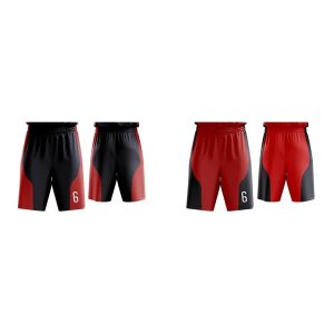 Reversible shorts featuring red and black colours, with a number on one side and contrasting panels. Includes logos.