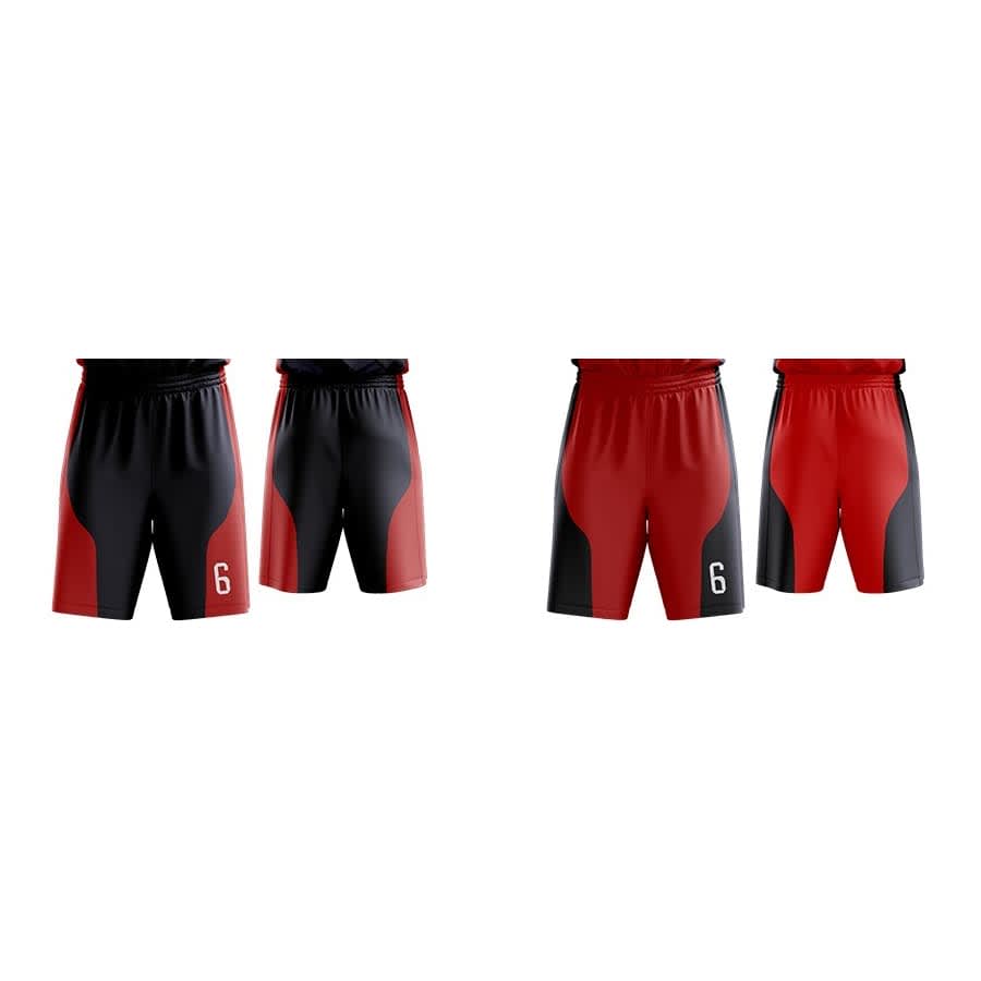 Reversible shorts featuring red and black colours, with a number on one side and contrasting panels. Includes logos.