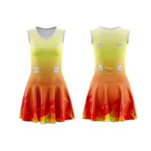 A women's full-skirt netball dress in yellow and orange with a flame design, featuring a zip and a logo.