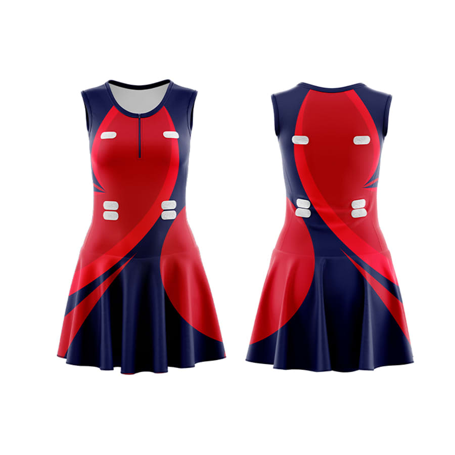 A red and navy women's full-skirt netball dress with a zipper and multiple button tabs, featuring a logo.
