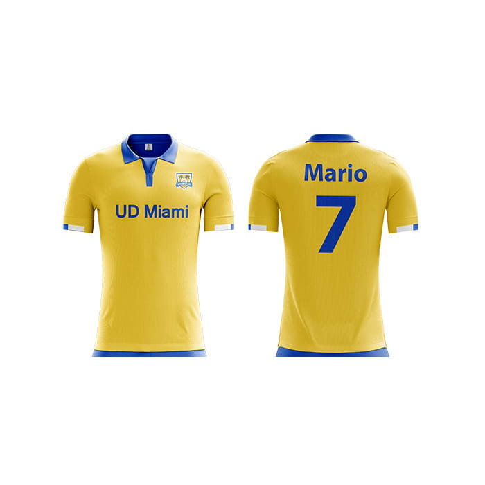 A yellow soccer jersey with blue accents, featuring a logo and player name 