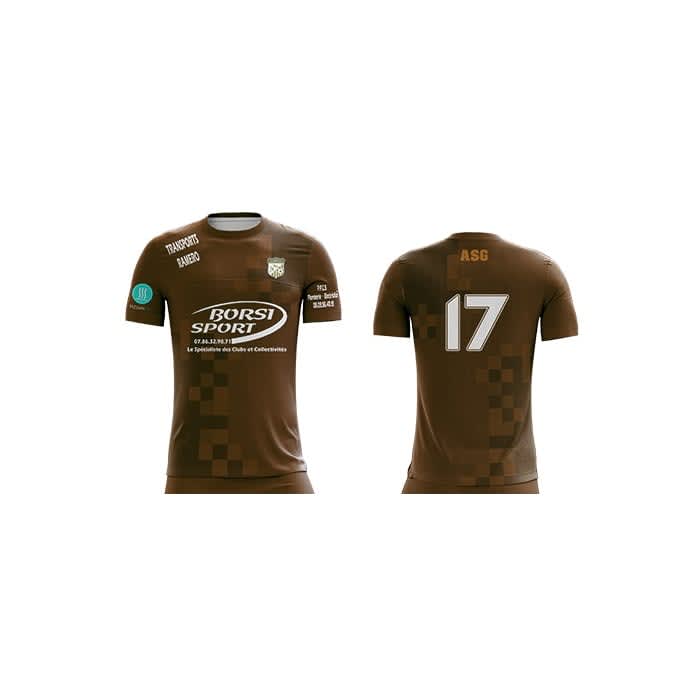 A brown soccer jersey featuring a checkered design and a logo. It has the number 17 on the back.